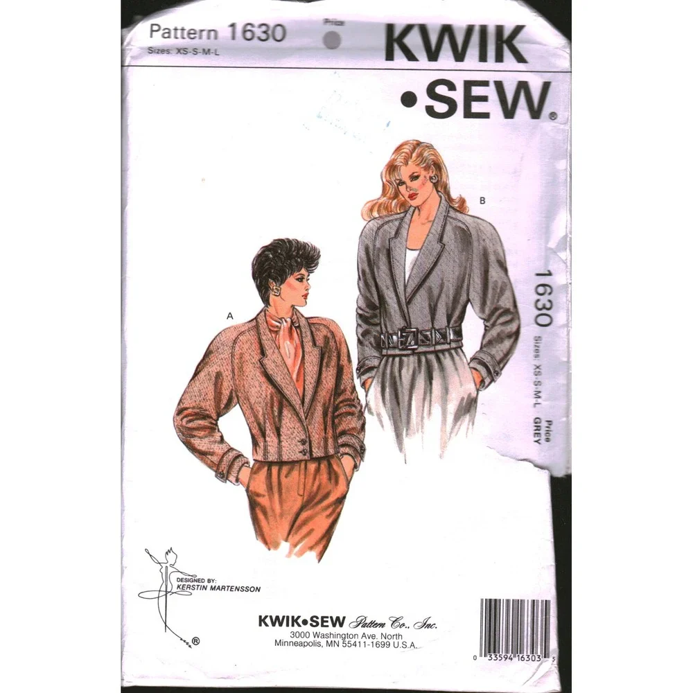 Kwik Sew 1630 Vintage 1987 Misses Jacket Sewing Pattern Raglan Sleeve XS-M